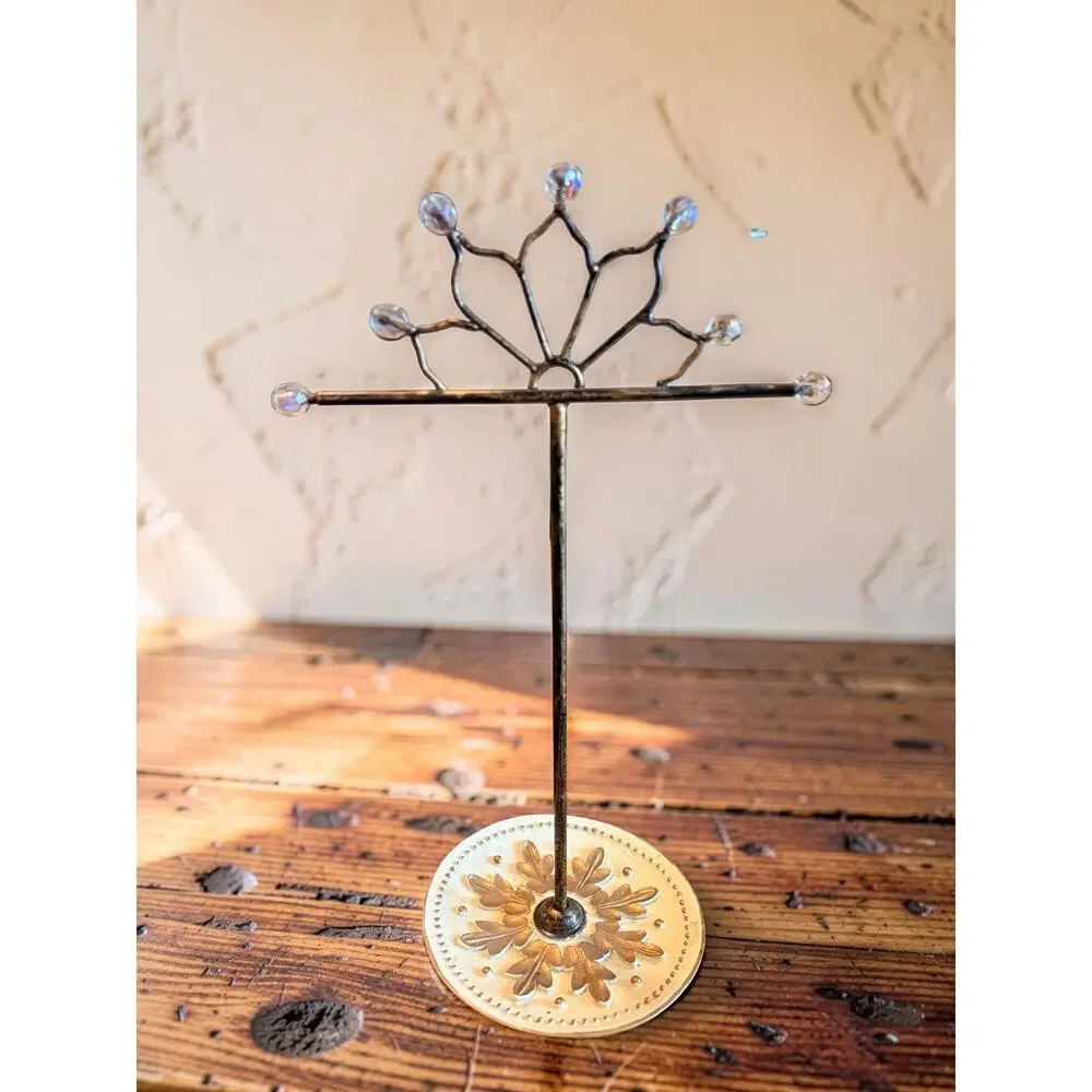 Vintage Metal Jewelry Stand with Tray Crystal Accent Necklace Holder Ring Holder